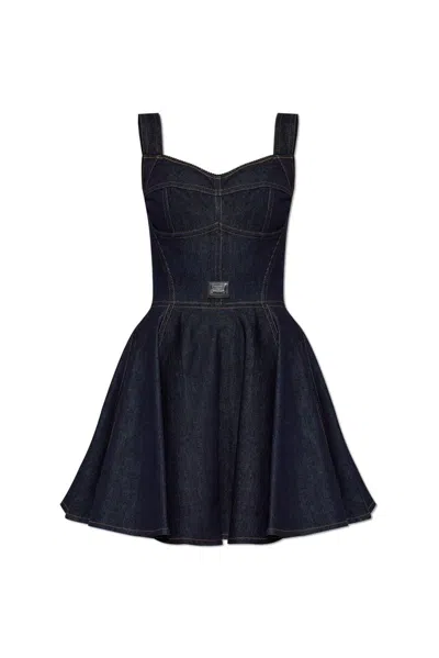 Dolce & Gabbana Logo Plaque Sleeveless Denim Dress In Navy