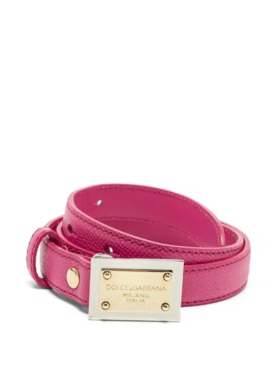 Pre-owned Dolce & Gabbana Logo Plaque Slim Belt In Pink