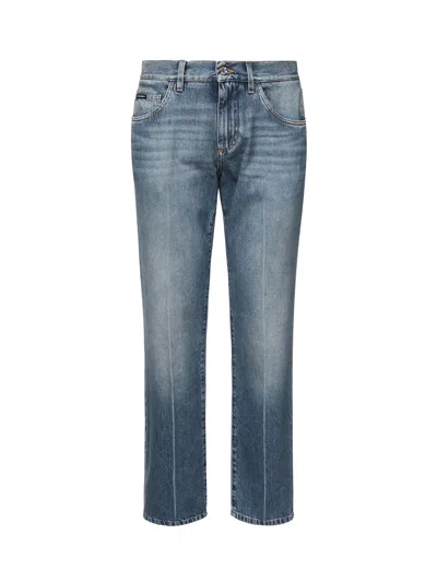Dolce & Gabbana Logo Plaque Straight Leg Jeans In Blue