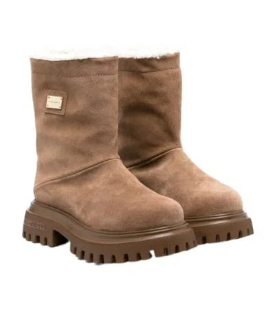 Dolce & Gabbana Kids' Logo-plaque Suede Knee Boots In Brown