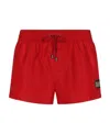 Dolce & Gabbana Short Swim Trunks With Branded Plate In Red