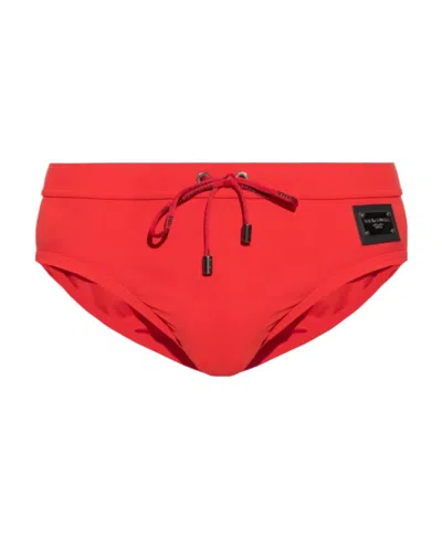 Dolce & Gabbana Logo-plaque Swim Trunks In Red