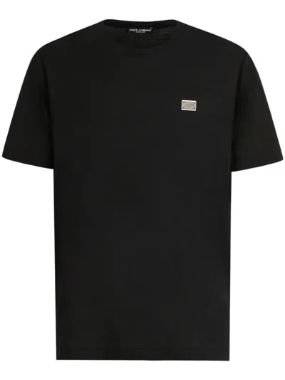 Dolce & Gabbana Cotton T-shirt With Metal Plaque Featuring Front Logo In Black