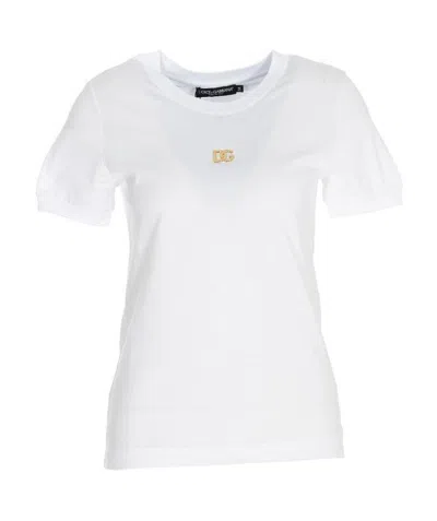 Dolce & Gabbana White Crewneck T-shirt With Logo Embroidery With Crystals On The Front In Cotton Woman