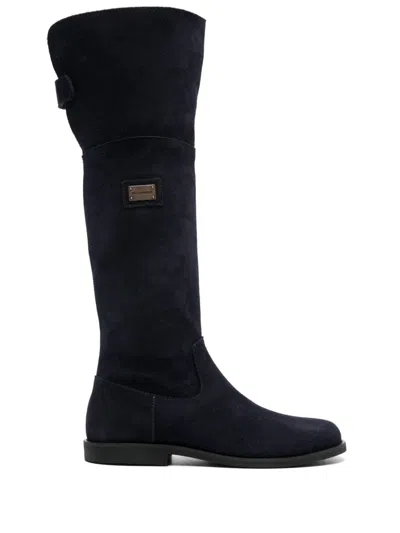 Dolce & Gabbana Kids' Logo-plaque Tall Boots In Blue