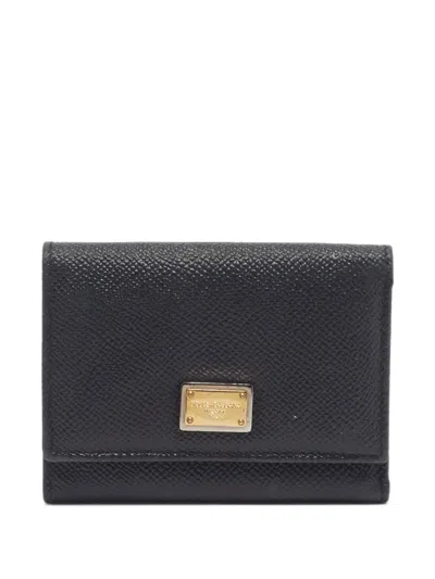 Pre-owned Dolce & Gabbana Logo Plaque Trifold Leather Wallet In Black