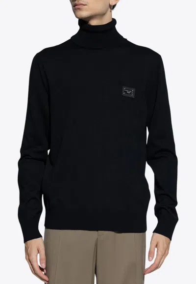 Dolce & Gabbana Logo Plaque Turtleneck Wool Sweater In Black
