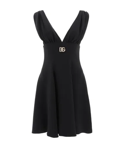 Dolce & Gabbana Logo-plaque V-neck Minidress In Black