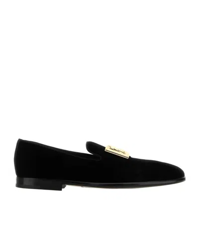 Dolce & Gabbana Logo-plaque Velvet Slippers In Black