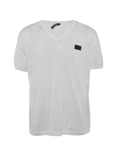 Pre-owned Dolce & Gabbana Logo Plaque V-neck T-shirt In White