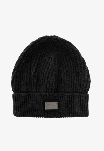 Dolce & Gabbana Logo Plaque Wool Beanie In Black
