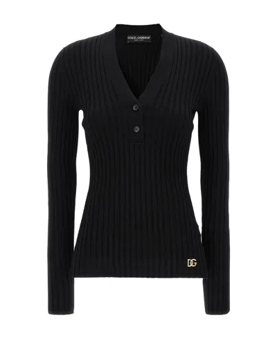 Dolce & Gabbana Logo-plaque Wool-blend Top In Negro