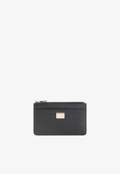 Dolce & Gabbana Logo Plaque Zip Cardholder In Dauphine Leather In Black