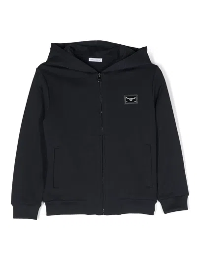 Dolce & Gabbana Kids' Logo-plaque Zip-up Cotton Hoodie In Blue