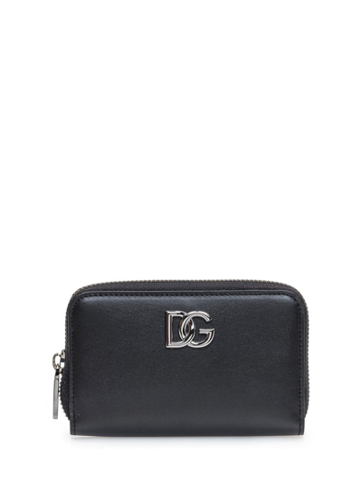 Dolce & Gabbana Logo Plaque Zipped Compact Wallet In Black