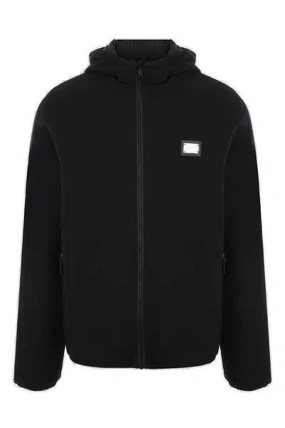 Dolce & Gabbana Logo-plaque Zipped Hooded Jacket In Nero