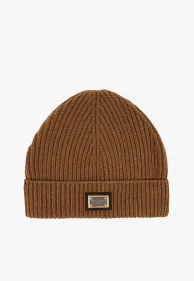 Dolce & Gabbana Logo Plate Beanie In Cashmere In Brown