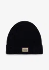 Dolce & Gabbana Logo Plate Beanie In Cashmere In Navy