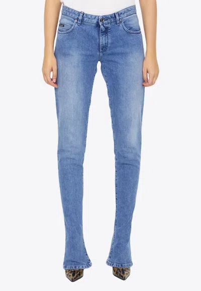 Dolce & Gabbana Logo Plate Bell Bottom Jeans In Blue