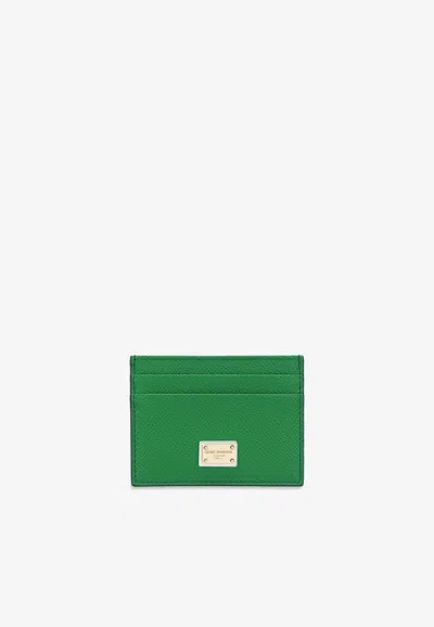 Dolce & Gabbana Logo Plate Cardholder In Dauphine Calf Leather In Green