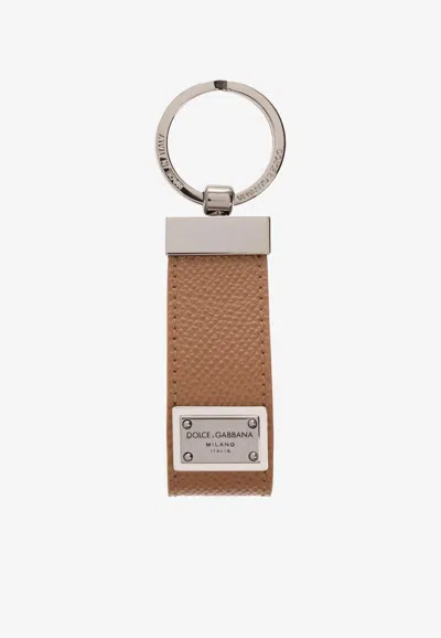 Dolce & Gabbana Logo Plate Leather Keyring In Caramel