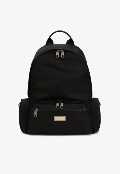 Dolce & Gabbana Logo Plate Nylon Backpack In Black