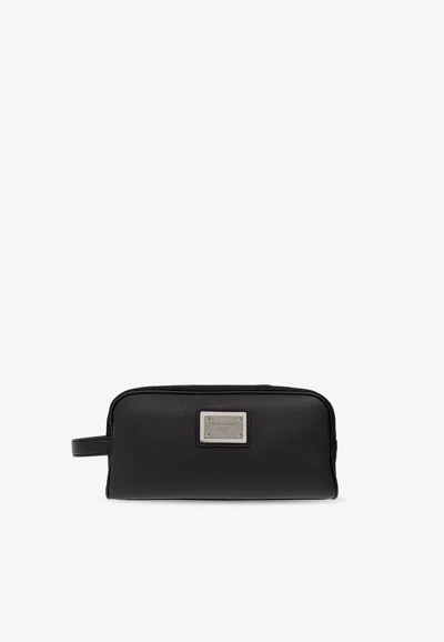 Dolce & Gabbana Logo Plate Nylon Vanity Pouch In Black