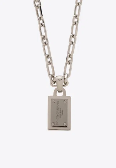 Dolce & Gabbana Logo Plate Pendant Necklace In Silver