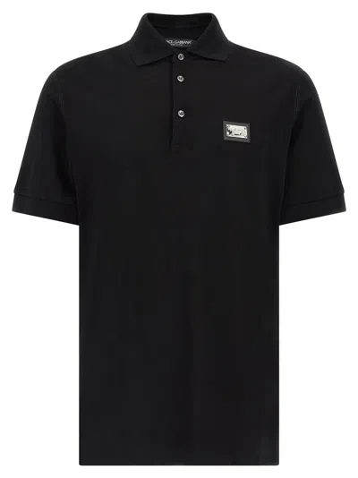 Dolce & Gabbana Piquet Polo Shirt With Logo Plate In Black