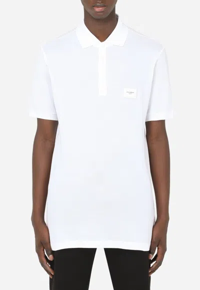 Dolce & Gabbana Logo Plate Polo T-shirt In Cotton Piqué In White