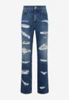 Dolce & Gabbana Distressed Jeans With Leo Print In Blue