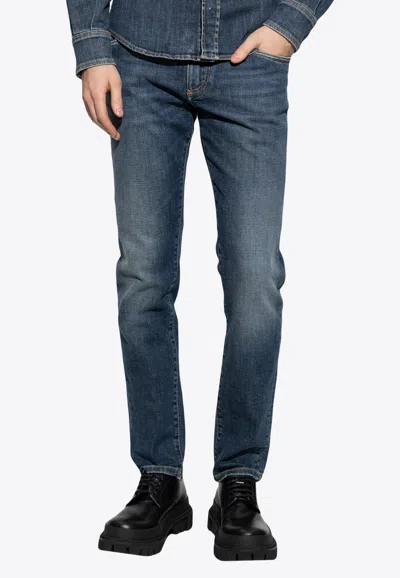 Dolce & Gabbana Logo Plate Stretch Slim Jeans In Blue