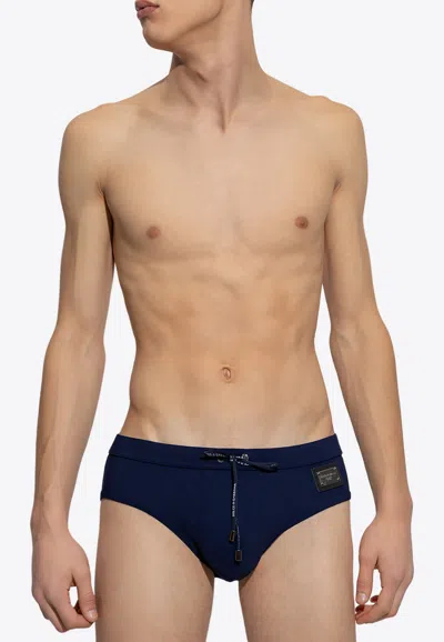 Dolce & Gabbana Logo Plate Swimming Briefs In Navy