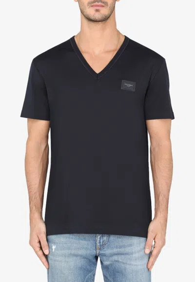 Dolce & Gabbana Logo Plate V-neck T-shirt In Cotton- Delivery In 3-4 Weeks In Blue