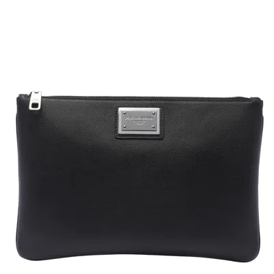 Dolce & Gabbana Black Clutch With Logo Plaque In Hammered Leather Man