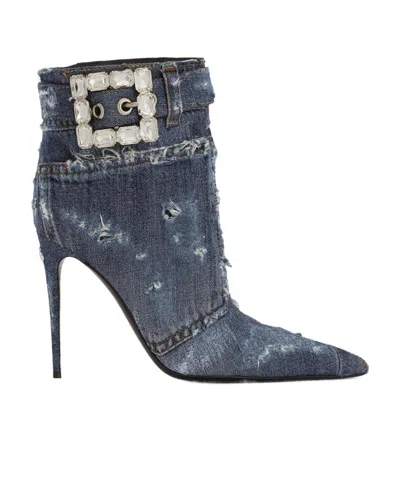 Dolce & Gabbana Patchwork Denim 105mm Ankle Boots In Gray