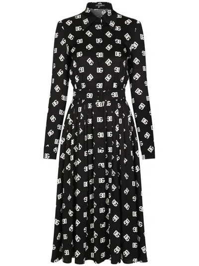 Dolce & Gabbana Abito Longuette In Charmeuse Stampa Dg Allover In Black