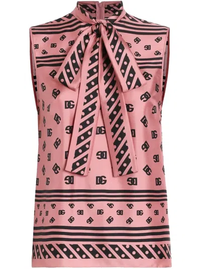 Dolce & Gabbana Silk Foulard Print Dg Allover Logo Bow Top In Pink