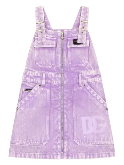 Dolce & Gabbana Kids' Logo-print Denim Pinafore Dress In Purple