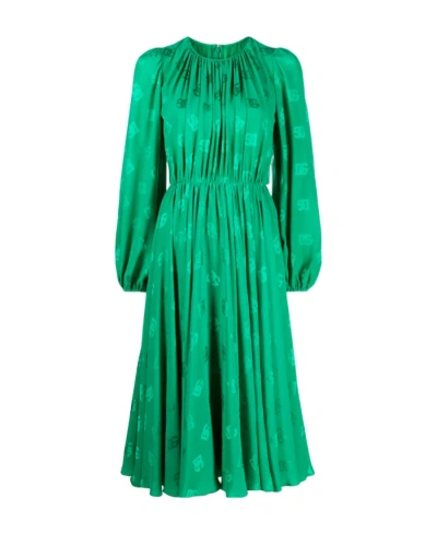 DOLCE & GABBANA LOGO-PRINT FLARED SILK MIDI DRESS