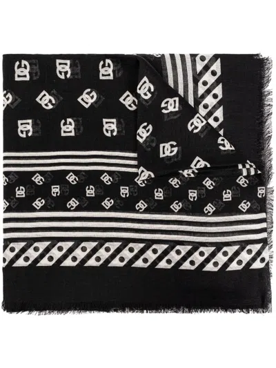 Dolce & Gabbana Logo-print Frayed Scarf In Black