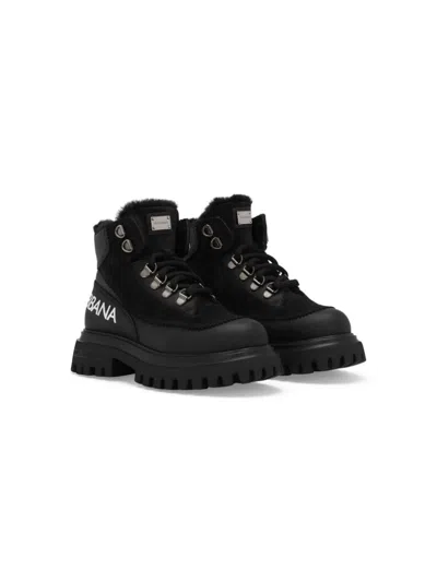 Dolce & Gabbana Kids' Logo-print Leather Ankle Boots In Black