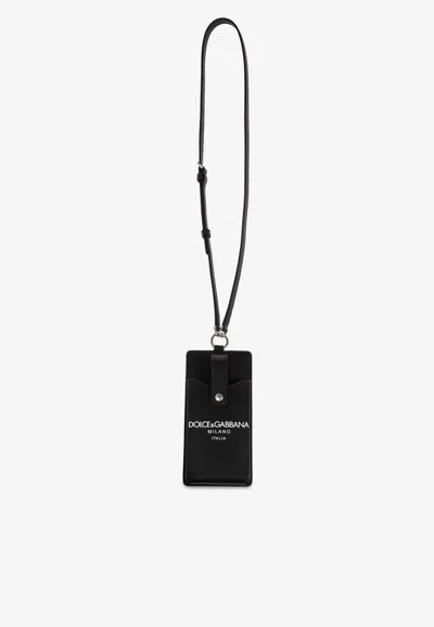 Dolce & Gabbana Logo Print Leather Phone Holder In Black