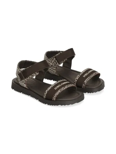 Dolce & Gabbana Kids' Logo-print Leather Sandals In Brown