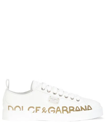 Dolce & Gabbana Sneakers In White Leather With Gold Logo In Bianco