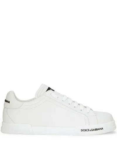 Dolce & Gabbana Portofino' White Low Top Sneakers With Contrasting Logo Detail In Leather