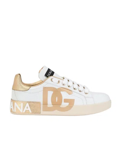 Dolce & Gabbana Calfskin Portofino Sneakers With Dg Logo In White