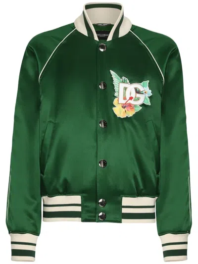 Dolce & Gabbana Floral Logo Satin Raglan Bomber Jacket In Black