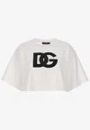 Dolce & Gabbana White Cotton Cropped T-shirt With Drop Shoulder And Logo Print For Women In White