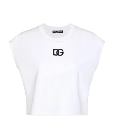 Dolce & Gabbana Interlock Jersey Top With Dg Logo Patch In White
